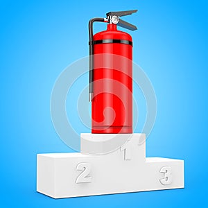 Red Fire Extinguisher over White Winners Podium. 3d Rendering