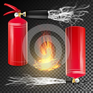 Red Fire Extinguisher Vector. Fire Flame Sign And Metal Red Fire Extinguisher. Transparent Background