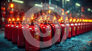 Red fire extinguishers in a row with bokeh background