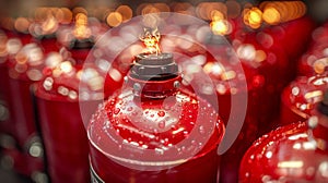 Red fire extinguishers in a row with bokeh background