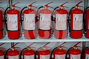 Red fire extinguishers stand in a row