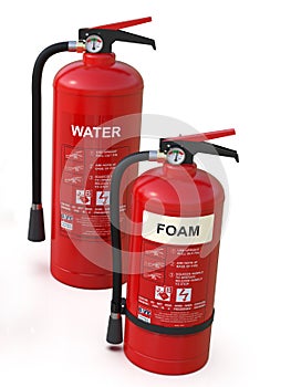 2 red Fire extinguishers, Water and Foam