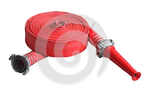 Red fire fighting hose soft pipe, Isolated on white background.