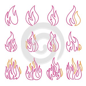 Red fire flat icons and signs set isolated on white background for danger concept or logo design