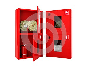 Red fire hose and fire extinguisher cabinets on white background