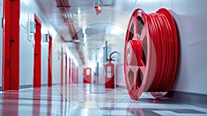 The red fire hose in hallway. AI generated