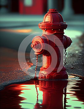 Red fire hydrant in the flooded street, created with generative AI