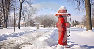 A Red Fire Hydrant and Pole Gleam Against a Wintry Scene of Snow, Nature, and a Bright Yet Cloudy Sky