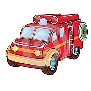 red fire truck, cartoon illustration, isolated object on white background, vector
