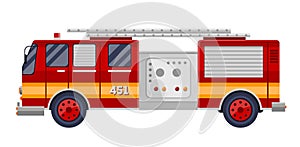 Red fire truck engine on white vector illustration.