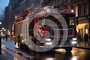 A red fire truck with headlights and flashing lights is driving through the city.