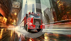 Red Fire Truck Moving at High Speed in a City Street - Generative Ai