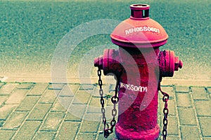 The red fire water hydrant beside the road - hipster filter and nois