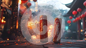 Red Firecrackers Exploding During Nighttime Celebration