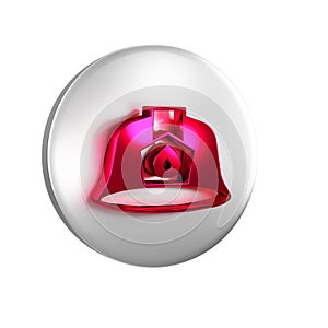 Red Firefighter helmet or fireman hat icon isolated on transparent background. Silver circle button.