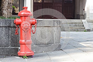 Red fireplug standing on footpath