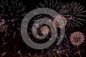 Red Fireworks on black background for cut out. For celebration design. Abstract holiday firework display background.