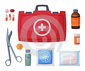 Red First Aid Kit Box with Medical Equipment and Medications for Urgency and Emergency Service Flat Vector Illustration