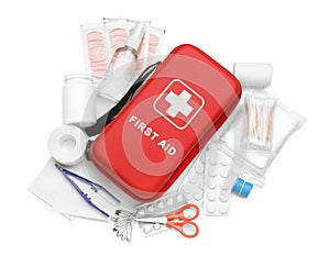 Red first aid kit, scissors, cotton buds, pills, plastic forceps, hand sanitizer, medical plasters and elastic bandage isolated on