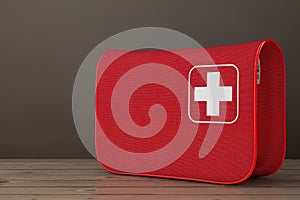 Red First Aid Kit Soft Bag with White Cross. 3d Rendering