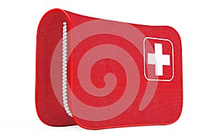 Red First Aid Kit Soft Bag with White Cross. 3d Rendering