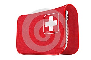 Red First Aid Kit Soft Bag with White Cross. 3d Rendering