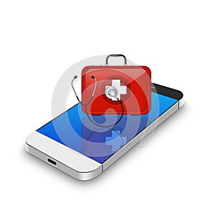 Red First Aid kit with stethoscope on smartphone,cell phone illustration