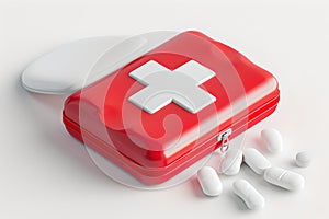 Red first aid kit with white cross, opened, revealing medication. perfect for healthcare concepts. minimalistic design