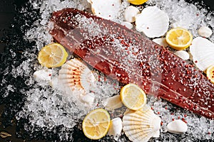 Red fish fillet sprinkled with salt and spices with lemon, shells and pebbles on ice