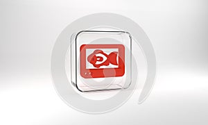 Red Fish finder echo sounder icon isolated on grey background. Electronic equipment for fishing. Glass square button. 3d