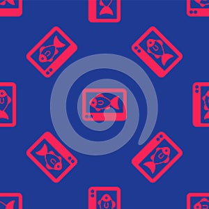Red Fish finder echo sounder icon isolated seamless pattern on blue background. Electronic equipment for fishing. Vector