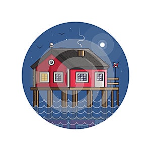 Red Fisherman Stilt House Icon in Line Art