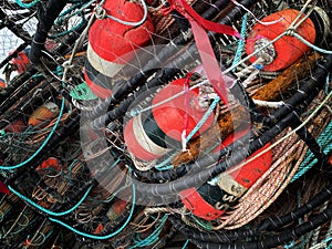 Red fishing buoys in crab traps