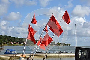 Red fishing flags group near sea