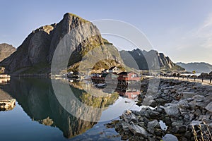 Red fishing hut (rorbu) on the Hamnoy island