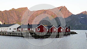 Red fishing hut (rorbu) on the Hamnoy island