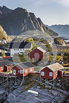 Red fishing hut (rorbu) on the Hamnoy island, Norway