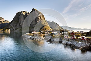 Red fishing hut (rorbu) on the Hamnoy island, Norway photo