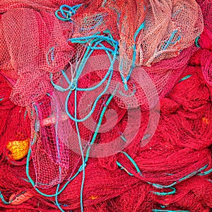 Red fishing nets. Sri Lanka