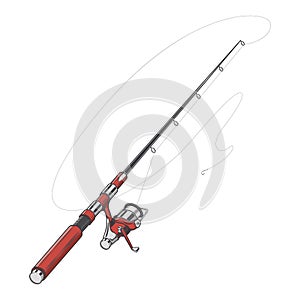 Red fishing rod, spinning with bait isolated on a white background. Color line art. Retro design.