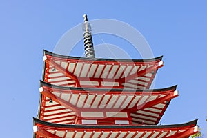 A red five-story pagoda at the Arakurayama Sengen Park