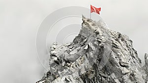 Red flag waving atop rugged mountain peak, symbol of achievement and conquest, ideal for motivational themes. realistic