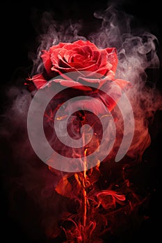 red flaming rose and petals. smoke, ashes, fire, flames, embers, powder, explosion, mist, fog, fantasy, surreal, abstract.