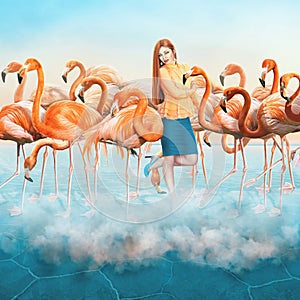 Red Flamingo in desert with a clouds and elegant dressed up girl