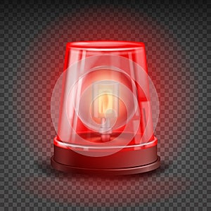 Red Flasher Siren Vector. Realistic Object. Light Effect. Beacon For Police Cars Ambulance, Fire Trucks. Emergency