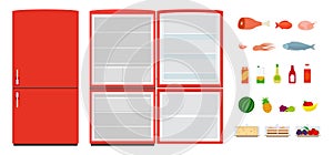 Red flat fridges. Close and open empty refrigerator. Vector food icons