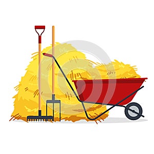 Red flat gardening wheelbarrow with bale of hay, pitchfork, rake isolated on white background. Flat dried haystack