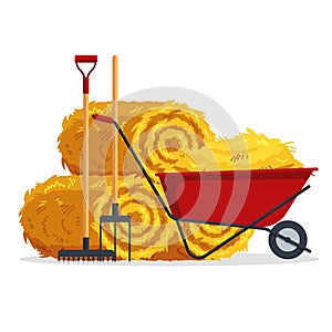 Red flat gardening wheelbarrow with bale of hay, pitchfork, rake isolated on white background. Flat dried haystack