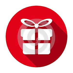 Red flat round gift box with tied bow icon, button with long shadow isolated on a white background.