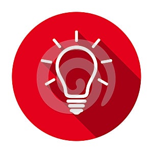 Red flat round glowing light bulb line icon, button with long shadow isolated on a white background.
